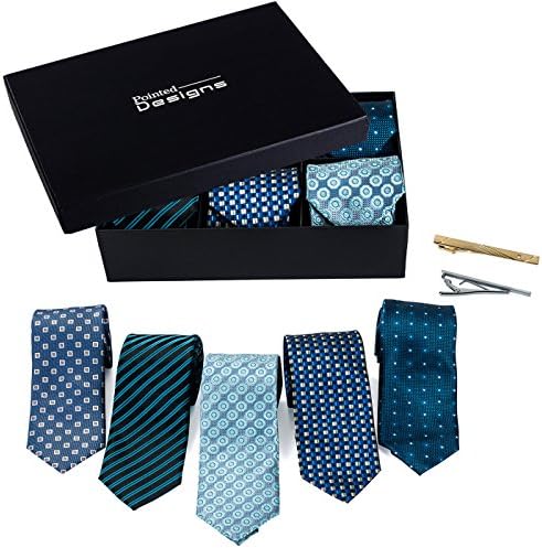 Men's Tie Set - 5 Luxury Neckties And 2 Classy Tie Bars In Gift Box By Pointed Designs