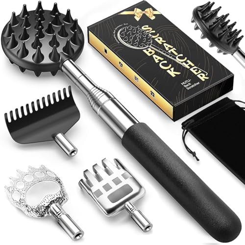 TUKUOS Fathers Day Gift, Telescoping Back Scratcher with 5 Detachable Scratching Heads, Rubber Handles, Anniversary Birthday Gifts for Men Women Back Scratcher for Men/Dad/Women/Adults