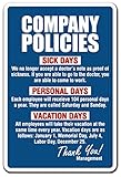 Company Policies Sign Employment Work Rules Job Employee Vacation | Indoor/Outdoor | 17' Tall