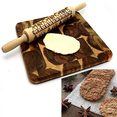 Christmas Embossing Rolling Pin Cookies Decorating Embossed Rollers Pins with Engraved Christmas Snowflakes and Deer Pattern for Baking Dough, Pie, Cookie, Fondant, Pastry, Biscuit (43X5 CM)