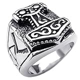 KONOV Massiness Vintage Stainless Steel Band Myth Thor's Hammer Ring, Black Silver