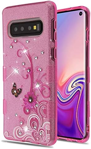 iHeartGlitter - for Samsung Galaxy S10 Pink Butterfly Flowers Diamante Glitter Cover Phone Case [ONLY S10 Model]