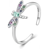 Cute Dragonfly Adjustable Ring 925 Sterling Silver Colorful Cubic Zirconia Stackable Open Finger Band Rings Promise Statement Daughter Birthday Valentine's Day Jewelry Gifts for Women Girlfriend