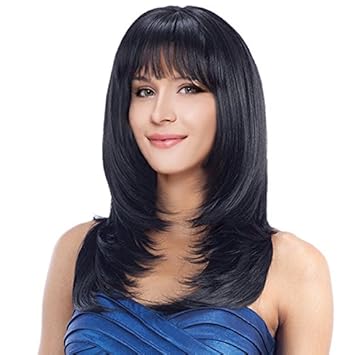 Kalyss 22 Long Straight Layered Black Yaki Synthetic Wig With Hair Bangs Heat Resistant Synthetic Full