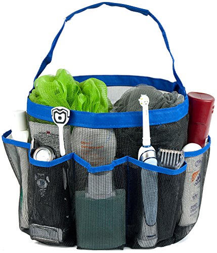 Shower Caddy & Tote Bag by WonderBath - Blue 8 Pocket Jumbo sized basket with rugged stitched handle design - 100% money back lifetime guarantee - great for college students in dorms, kids in school, travel, the gym, sports, even to organize your baby's toys and games - stainless plastic nylon mesh design won't rust - take your body soap, lotion, shaver, mirror, razor, toothbrush, bubble bath, and waterproof radio with you easily! Easy to clean...and makes a lovely gift.