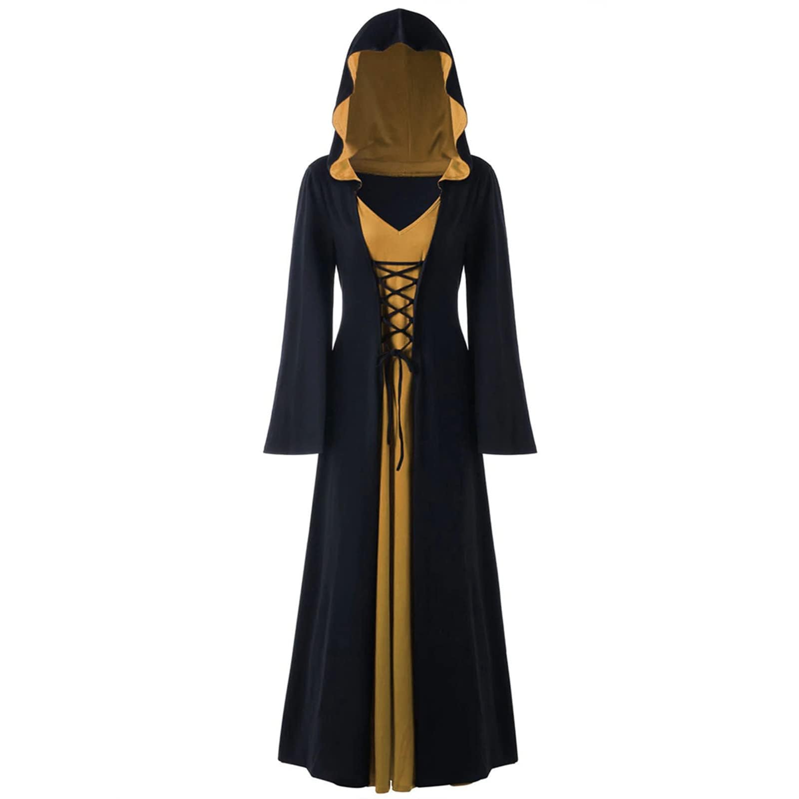 FSUJWOA Halloween Vintage Witch Dress, Hooded Costume, Women's Renaissance Medieval Costume (XL, Black and Gold)