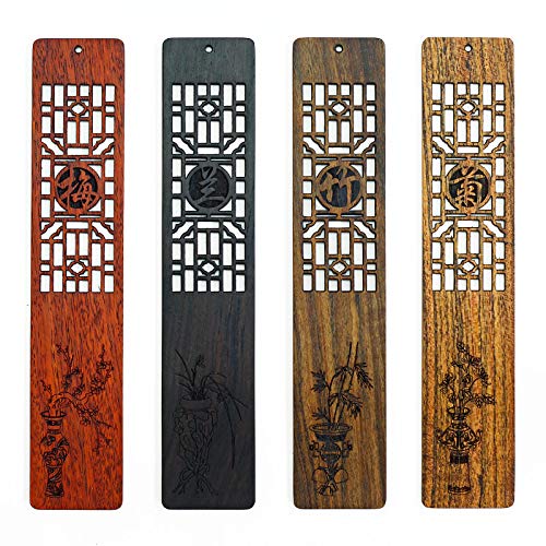 CENPEK 4 Pack Solid Wood Bookmarks Carved with Plum Orchid Bamboo Chrysanthemum Bookmarks for Women and Men-Style B