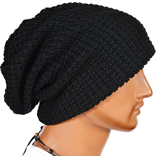 Men's Slouchy Beanie Knit Crochet Rasta Cap For Summer Winter (Black)