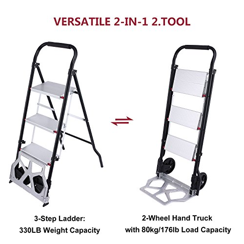 Anfan Folding 3-Step Stool Ladder and Hand Truck Portable Ladder with Hand Grip Aluminum Wide Pedal Sturdy Steel StepLadders 330lb Dolly 176lb
