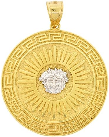 Shopjw Men's 10k Two-Tone Gold Medusa Medallion with Greek Key Accents Pendant, 2.10" x 1.70"