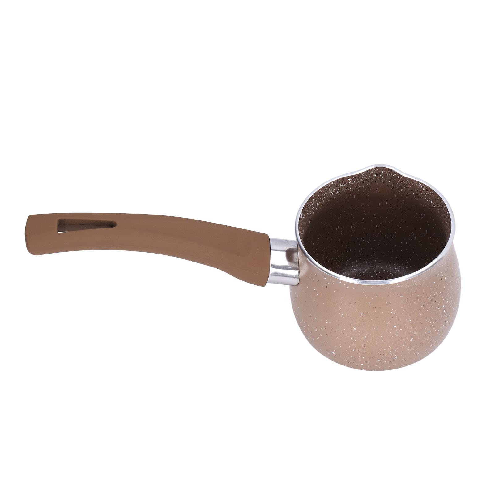 Riuulity Non Stick Milk Pan, 8cm Stay Cool Handle Aluminum Alloy Cooking Pot with Non Drip Double Pouring Lip for Coffee Butter Chocolate(Coffee)