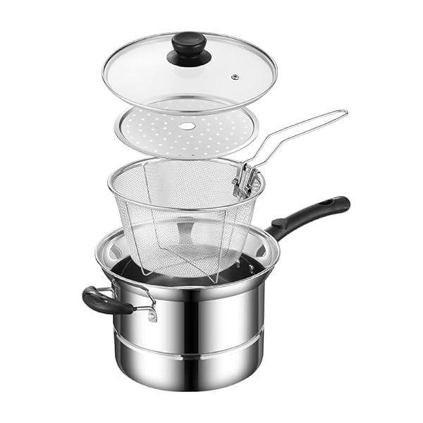 STAINLESS STEEL STUDENT POT, 8.6 “FOR 1-2 PEOPLE, COOKING POT, DEEP FRYER, STEAMER, MULTIPURPOSE POT. FEATURES GLASS LID, STAINLESS STEEL STEAMER RACK AND BASKET.
