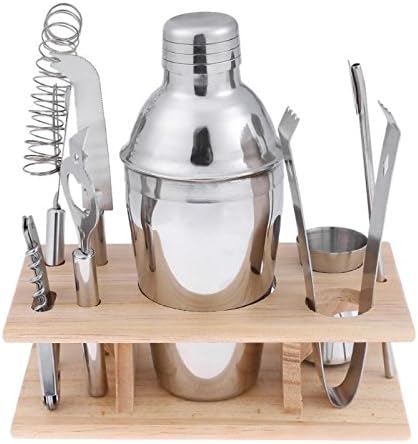 INorton 9 Piece 750ml Stainless Steel Cocktail Shaker Set, Cocktail Shaker,Counting Cup,Hippocampal Knife,Strainer,Bottle Opener,Ice Clip,Stirrer Spoon,Cheese Knife,Wooden Wine Frame