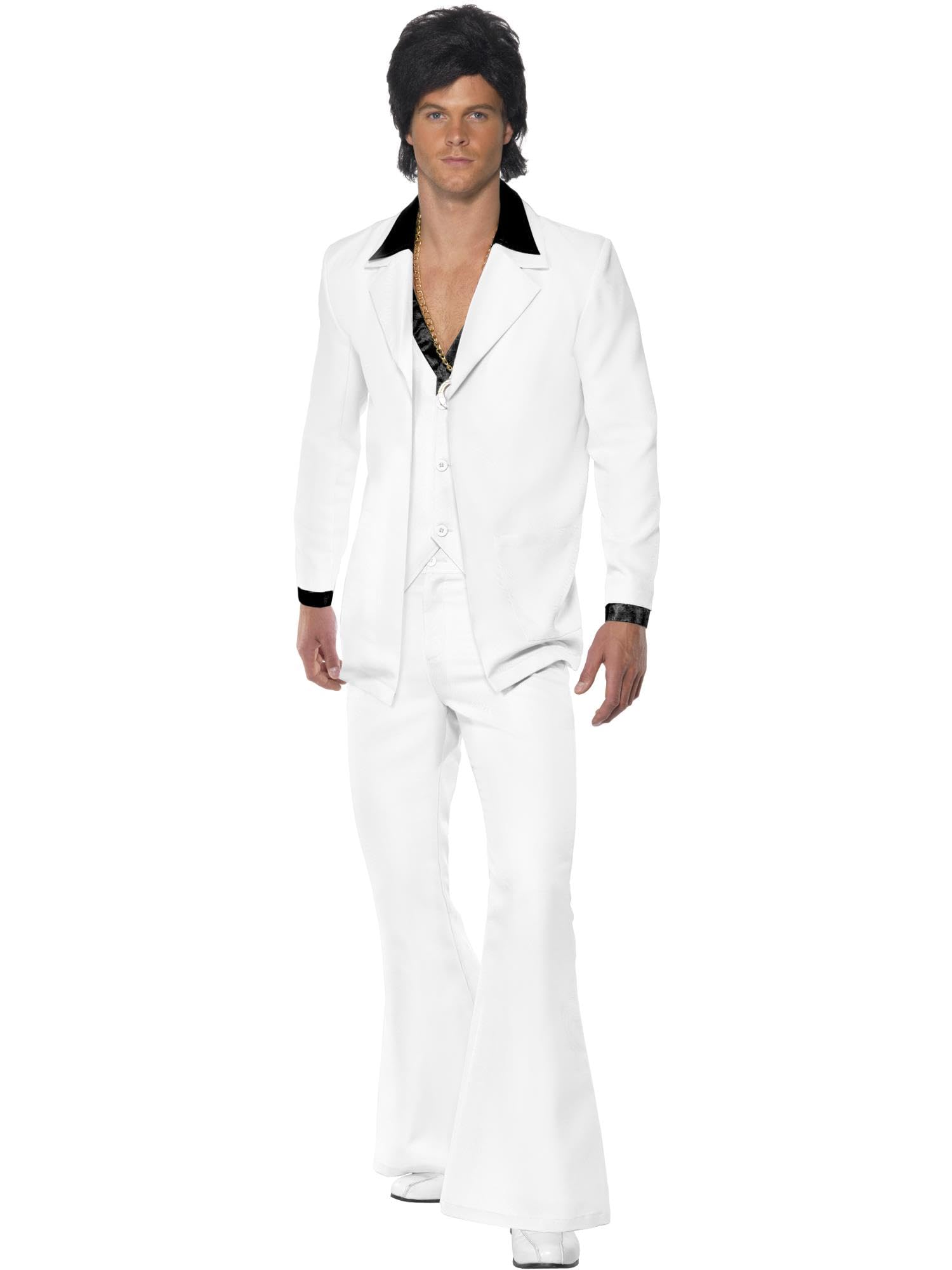Smiffys 70s Suit Costume, White Jacket with Mock Shirt, Waistcoat & Trousers, 1970's Disco Fancy Dress, 1970s Dress Up Costumes