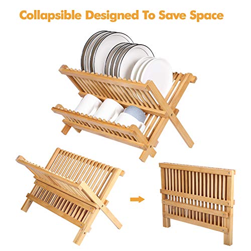 Luckore Bamboo Dish Drying Rack,Collapsible Compact Dish Drainer Rack,2