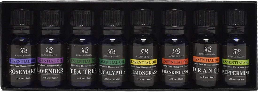 Radha Beauty Aromatherapy Top 8 Essential Oils 100% Pure & Therapeutic Grade - Basic Sampler Gift Set & Kit (Lavender, Tea Tree, Eucalyptus, Lemongrass, Orange, Peppermint, Frankincense and Rosemary): Health & Personal Care