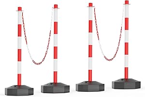 HiGiant 4 Pack Portable Delineator Post Cones with Fillable Base, Expandable Traffic Safety Barriers, 8Ft Chain Stanchion for Parking and Construction [Red/White]