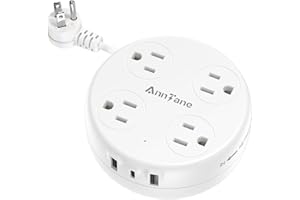 AnnTane Cruise Essentials Travel Power Strip, Portable Power Strips with 4 Outlets 3 USB Ports Fast Charge, Retractable Extension Cord 3FT with 45° Plug Space-Saving for Travel, Office (White)