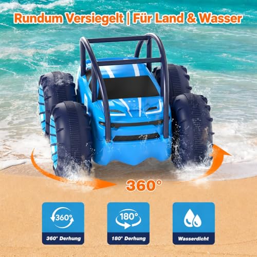 Remote Controlled Car, No Battery Change! USB-C Direct Charge, 4WD Amphibious Vehicle 15 km/h 2.4 GHz Waterproof, 360° Stunt, LED Light, Toy for Children 3-12 Years, Gift Boys Girls Outdoor
