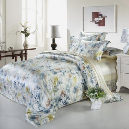 Orifashion Luxury Beige Floral Print 3-Piece Silk Dovet Cover Set (SDVKFP006), Queen Size