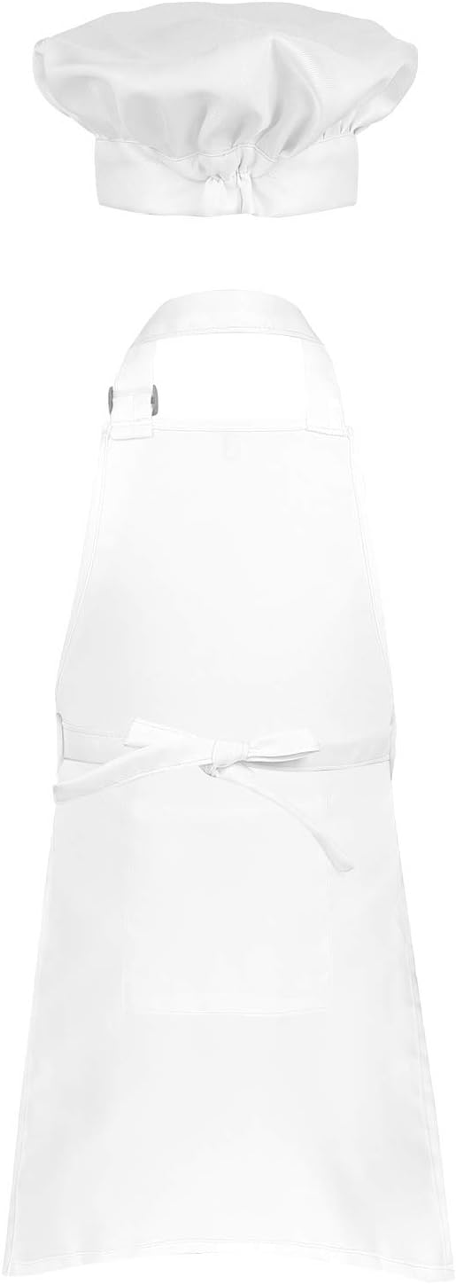 inlzdz Kids Children Chef Kitchen Apron Hat Outfit Adjustable Bib Artist Apron for Cooking Baking Painting Training Crafting Wear White 2-4 Years - Image 3