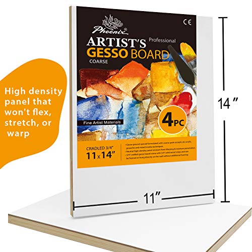 PHOENIX Gesso Wood Art Painting Panel Boards, 11x14 Inch/4 Pack