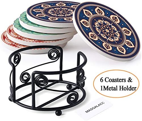Absorbent Coasters For Drinks with Metal Holder-set of 6-4" x 4" -1/4" Thick，Ceramic Stone With Cork Backing, Drink spills Thirsty Coaster - Round Edges Best for Drinks in Office Home or Cottage …