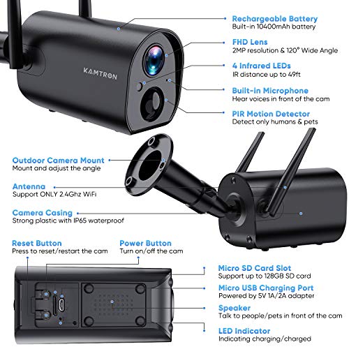 Wireless Outdoor Security Camera, KAMTRON Rechargeable Battery Powered Home Security Camera
