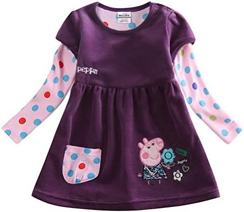 Girls Beautiful Embroidery Peppa Pig Cartoon Cotton Dress,Purple,3/4Y