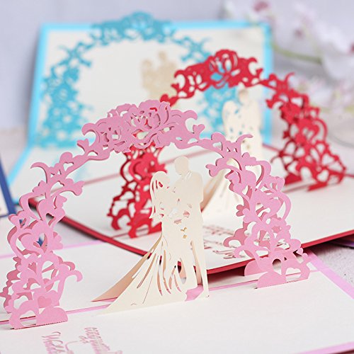 SUNREEK8482; Papercraft Handmade 3D Pop Up Wedding Invitation Cards (Wedding Garland) -Envelopes Included (Pink)