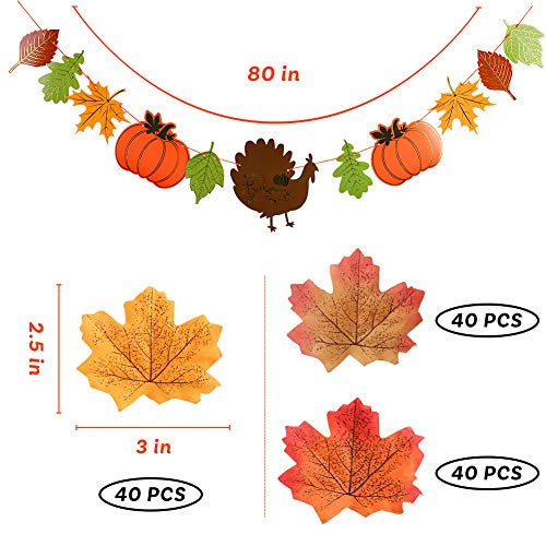 BigOtters Give Thanks Banner, 1PCS Give Thanks Garland for Thanksgiving Decor with Turkey Pumpkin Sign and 120PCS Maple Leaves for Fall Autumn Mantel Dinner Table Decor Party Supply Home Wall Hanging
