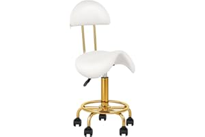 LUXMARS Saddle Chair Rolling Ergonomic Swivel Chair with Soft Comfortable Cushion and Wheels Hydraulic Stool for Home Office Tattoo Salon Shop Use White, with Backrest Gold