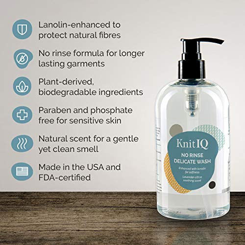 KnitIQ No Rinse Delicate Wash Liquid Detergent 16.9 Oz - Natural Wool Wash with Lanolin for Delicates and Knit Wool Fabric, Lavender Citrus Fragrance, 100 washes