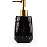 Ceramic Hand Soap Dispenser for Bathroom, 12 Oz Refillable Countertop Decorative Lotion Liquid Dispensers with Gloden ABS Pump Head, Glossy Marble Black