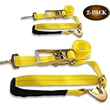 2 Ratchet Axle Strap Tie Downs (2” wide x 114” long – 2 Pack) with Adjustable Ring and Slipfree Webbing for Secure Auto Hauling, Heavy-Duty Tow Straps for Car Trailers and Auto Carriers