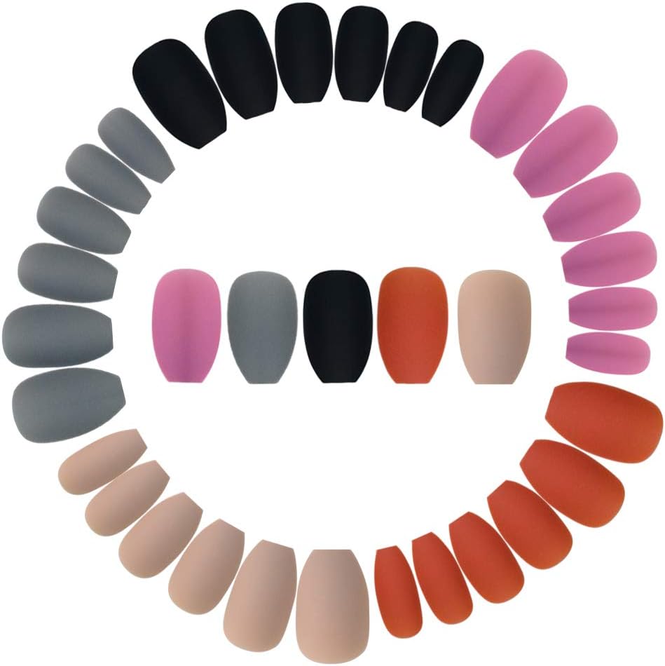 Wobe 120pcs Colorful Coffin Nails Matte False Gel Nails Art Tips Sets Full Cover Medium Matte False Nails for Ballerina Cosplay Office Lady 5 Colors
