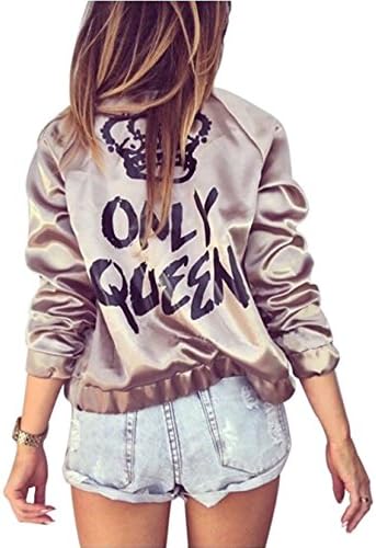WANTU Womens ONLY QUEEN Print Zip Up Satin Bomber Jacket (US 6-8, golden)
