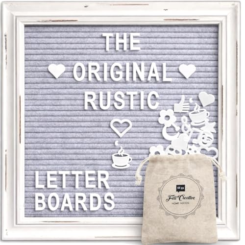 Felt Creative Home Goods Felt Letter Board with Rustic White Wood Farmhouse Vintage Frame and Stand Wooden Pegboard Changeable Message Board Includes 350 White Alphabet Letters (Grey, 10x10 Inches)