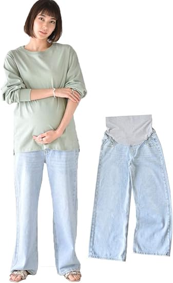Amazon Co Jp こなれたママスタイルになるマタニティワイドストレートデニムパンツ Pearls パールズ a Yw Pt017 Light Blue L 服 ファッション小物