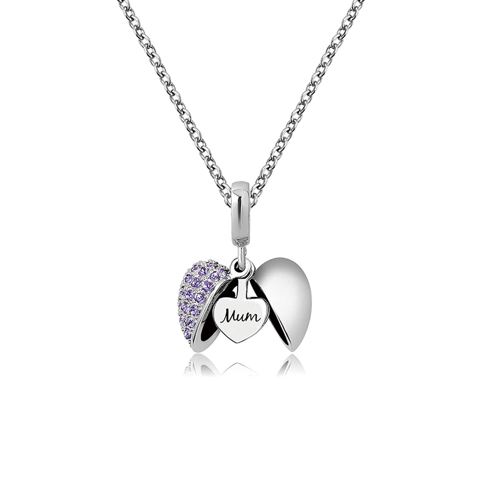 KunBead Jewelry Purple Crystal Love Heart Mother Daughter Necklace for Mum Gift from Daughter Son