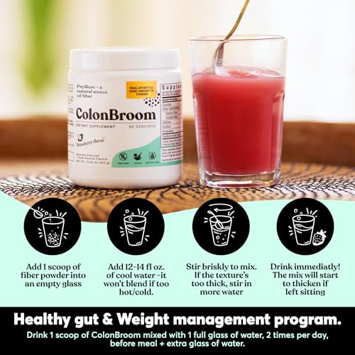 ColonBroom Psyllium Husk Powders (Strawberry, 120 Servings) - Colon Cleanse for Bloating Relief & Gut Health - Colon Broom Fiber Powder Drink - Vegan, Gluten Free, Non-GMO Fiber Powder Supplement