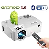 ERISAN Android 6.0 Projector with Free Air Mouse, Built-in WiFi Bluetooth Mini Smart Video Beam, Portable Multimedia LED Proyector for Movie Video Games APP (White)