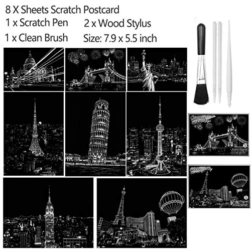 Scratch Art Paper(7.9"x 5.5") for Kids & Adults, Mini Scratch Off Art Night View Scratchboard, Painting Gift, Craft Kits : 2 Sheets Scratch Cards & Drawing Pen, Clean Brush (Building&City)