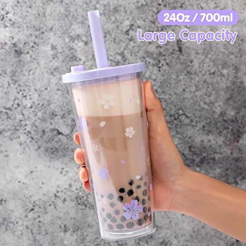 Reusable Boba Cup With Lids And Straws, 24OZ/700ml Smoothie Cups, Iced