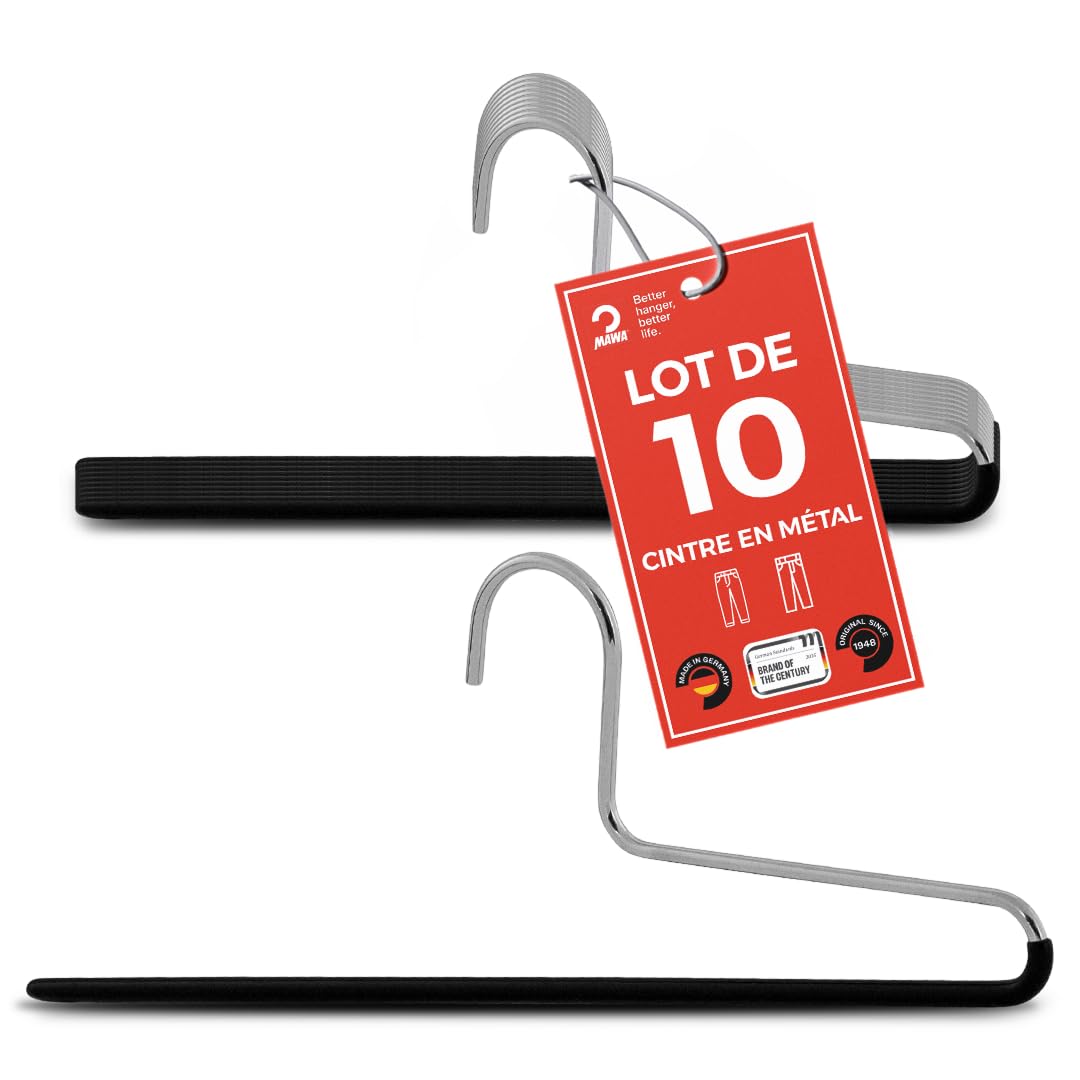 MAWA Hanger for Trousers, KH, Set of 10, Hangers for Clothes, Space Saving and Non-Slip, Perfect for Jeans, Fabric and Suit Pants, with Anti-Slip Coating, 32 cm, Black