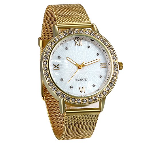 JewelryWe Reloj de Hombre Caballero Clasico Reloj de Acero Inoxidable Correa Milanesa Fina, Oro Dorado Reloj para Hombre…