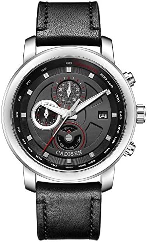 Mens Chronograph Quartz Watches with Analogue Display Date and Genuine Leather Strap for Man Boys Cadisen