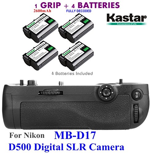 Kastar Pro Multi-Power Vertical Battery Grip (Replacement for MB-D17) + 4x EN-EL15 Replacement Batteries for Nikon D500 Digital SLR Camera