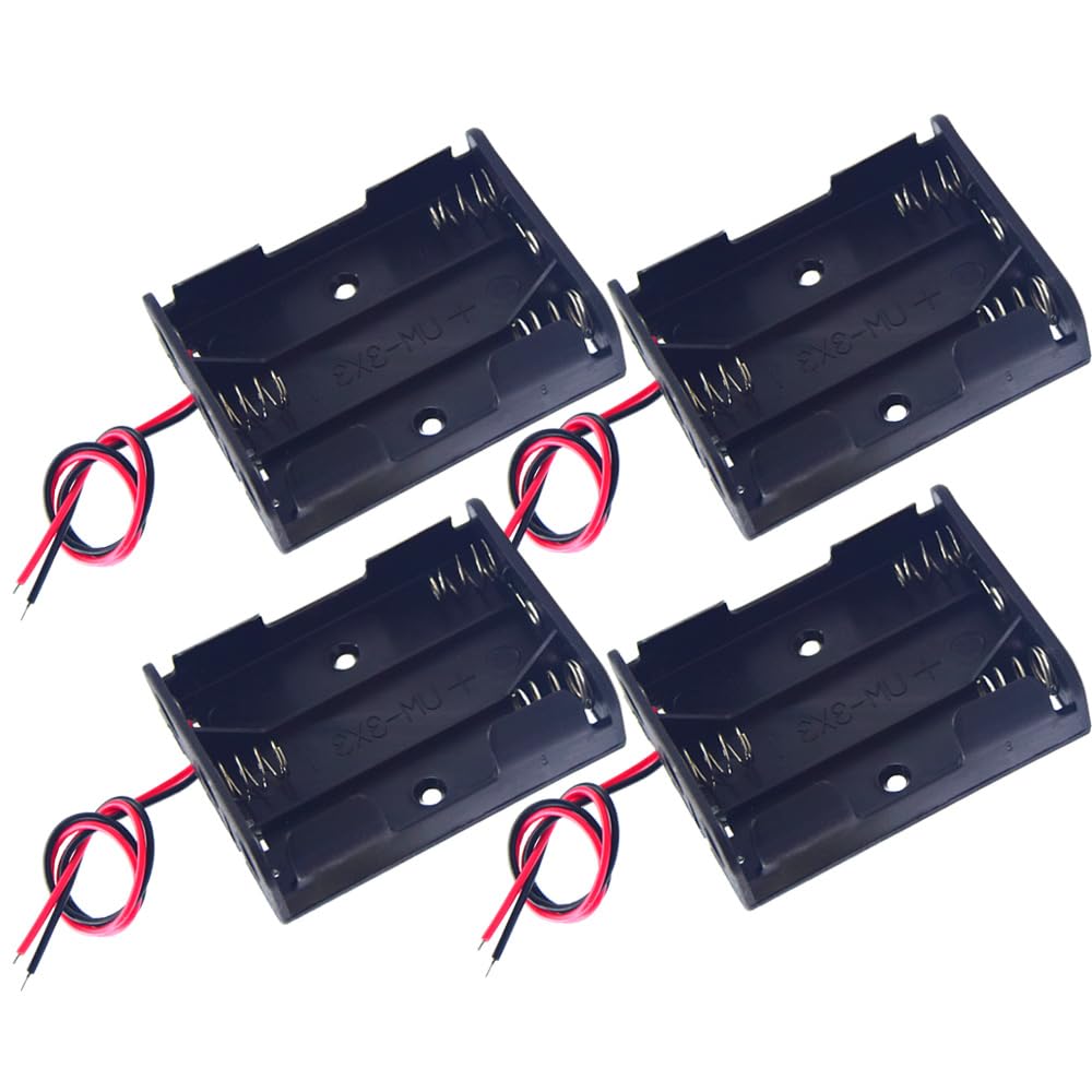 Yosawo 4-Pieces 3x1.5V(4.5V) AA Battery Holder Case,Black Plastic DIY Battery Storage Box with Red and Black Wire Leads (AA3)