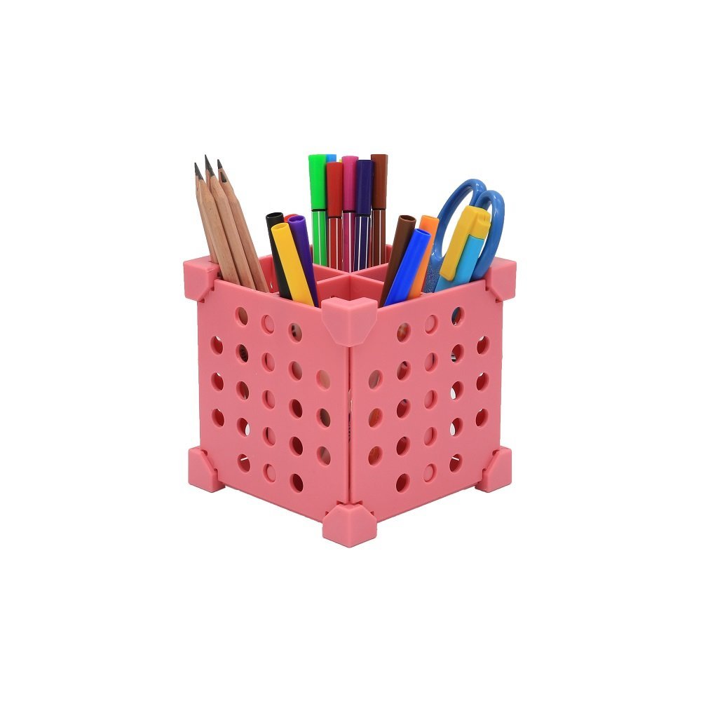 Desk Organizer Holder for Pens, Pencils, Highlighters, Markers, Scissors; More Than 3 Ways of Educational SELF-Assembling; 2 to 29 Slots Options by Changing Assembling;2 Colors (Pink)